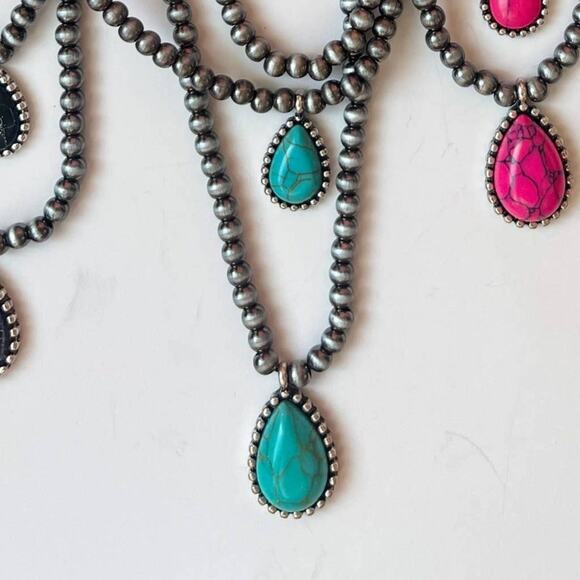 Multi Layered Necklace Navajo Bead Teardrop Stone Necklace Turquoise - Picture 1 of 4